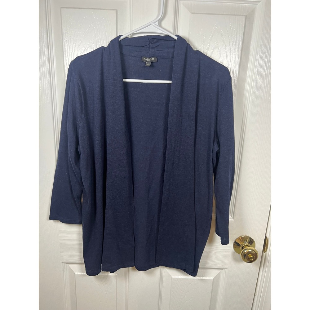 Talbots Navy Blue Open Front Cardigan Shawl Collar 3/4 Sleeve Size MP (IN#58)